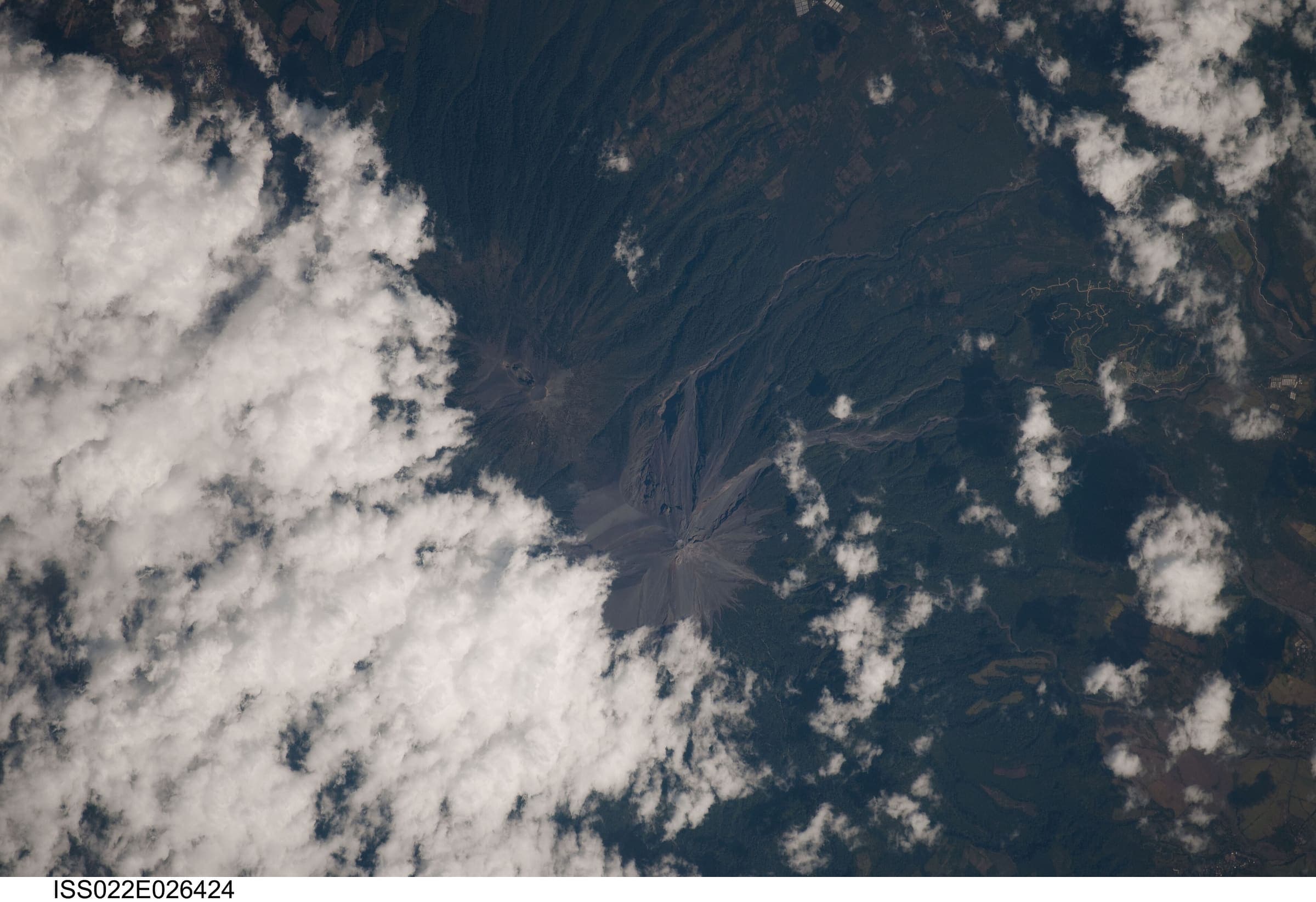 Fuego and Acatenango volcanic massif from orbit, Guatemala